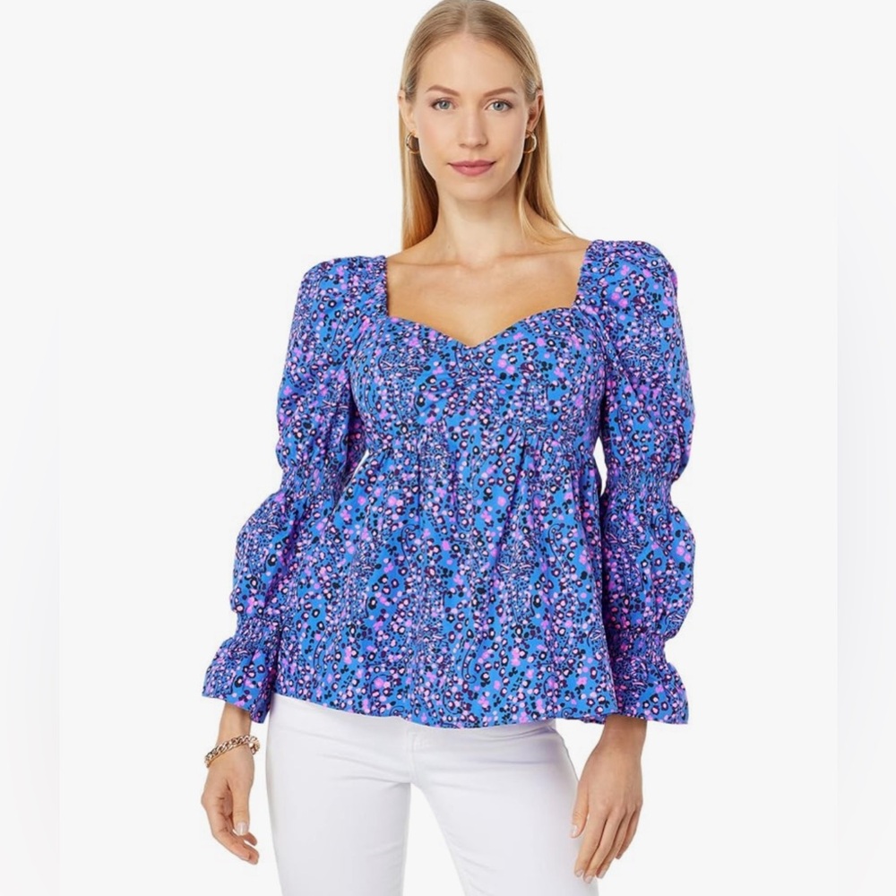 Lilly Pulitzer Preslee Long Sleeve Top In Blue Flare Growl And Prowl Size 2 NWT